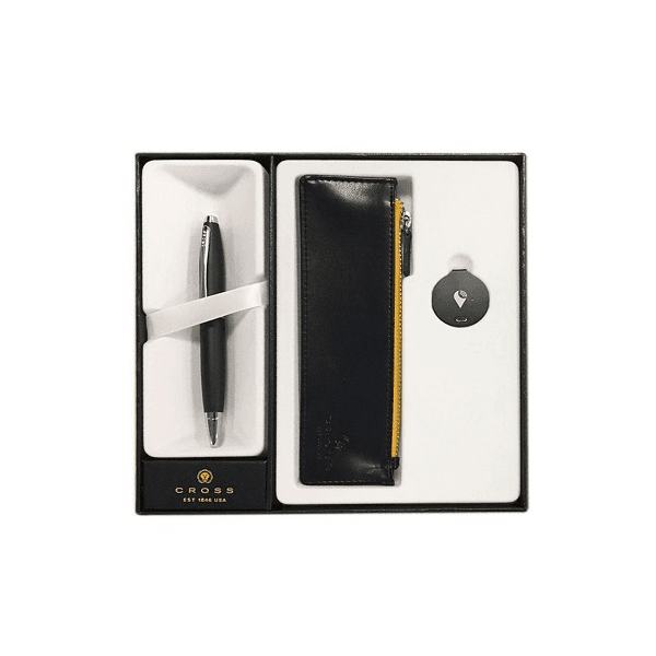 Bolígrafo Cross Caláis Negro Satinado con Estuche Portalapiceras de Cuero