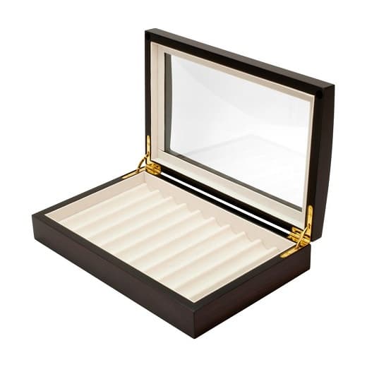 Caja porta Lapiceras de Lujo ( para 10 unidades ) de madera de raíz con tapa de vidrio biselado y herrajes cromados