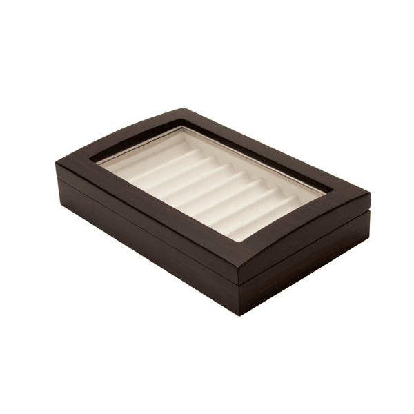 Caja porta Lapiceras de Lujo ( para 10 unidades ) de madera de raíz con tapa de vidrio biselado y herrajes cromados