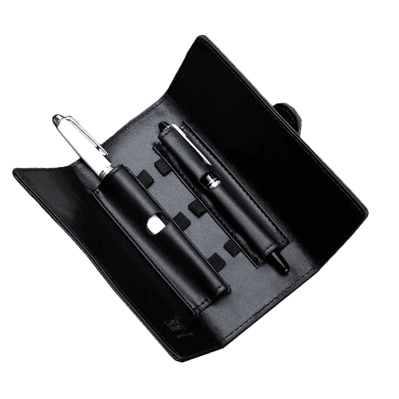 Estuche de cuero sintético para 2 lapiceras con porta cartuchos negro