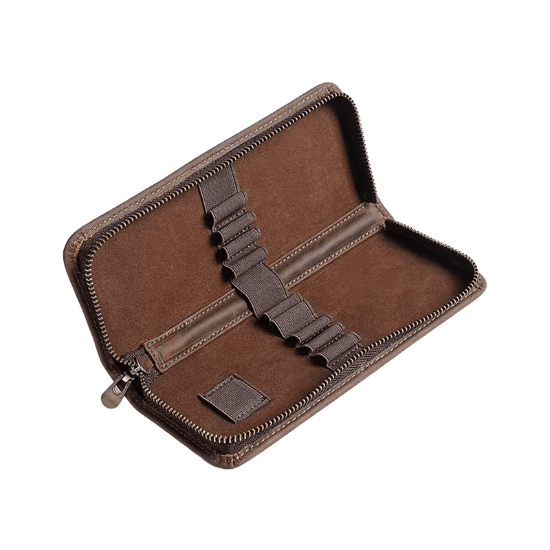 Estuche de Cuero Genuino con cierre para 10 lapiceras con sujetadores Marron