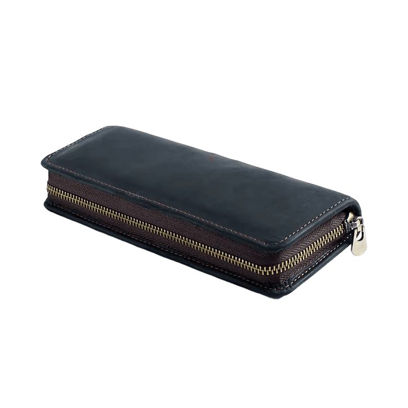 Estuche de Cuero Genuino con cierre para 10 lapiceras con sujetadores Negro