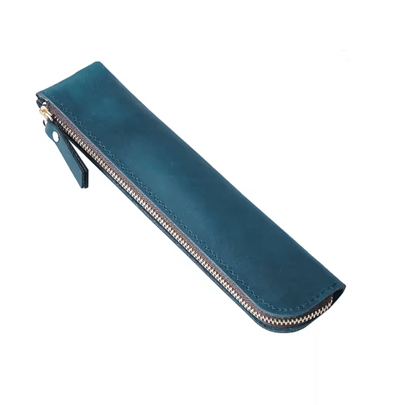 Estuche de Cuero Genuino con cierre porta lapiceras Verde Petroleo