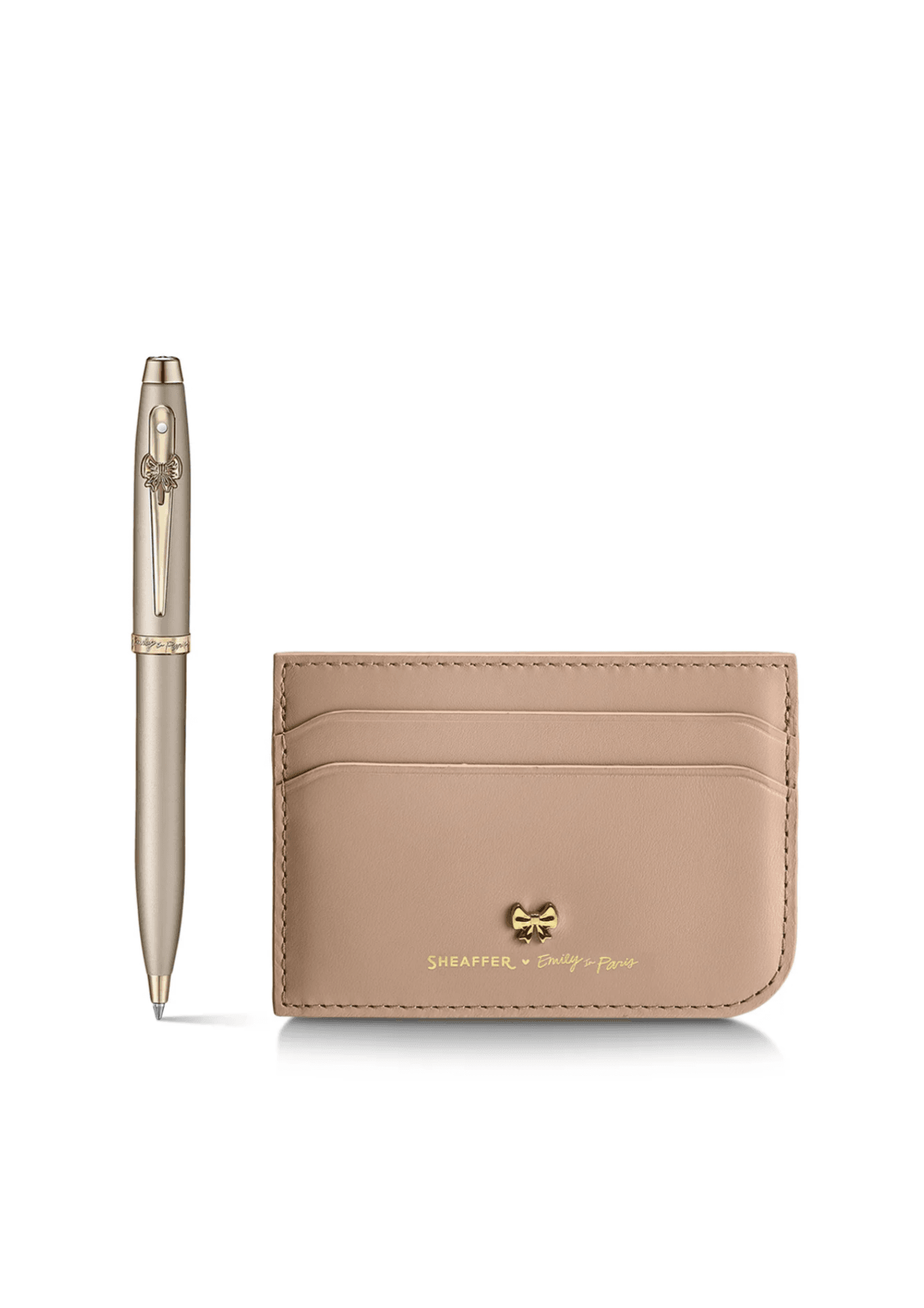 Set Sheaffer Emily In Paris Estuche de regalo con bolígrafo Mod. 100 9377 color oro champán con detalles en oro champán y tarjetero de piel de grano completo