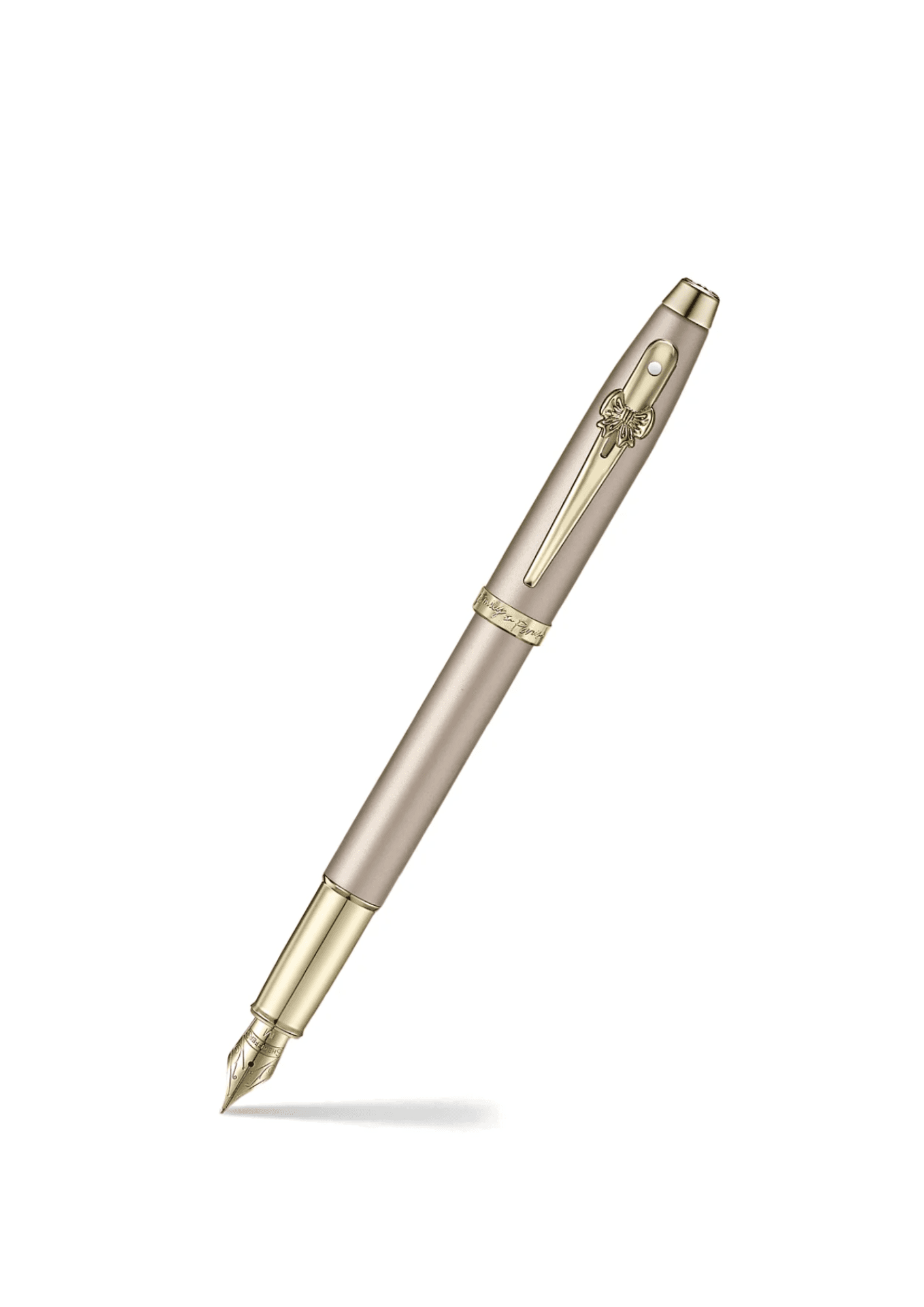 Lapicera Sheaffer 100 Emily in Paris color champán con detalles en Dorada champán y emblema en forma de lazo en el clip y tope de capuchón con emblema Torre Eiffel
